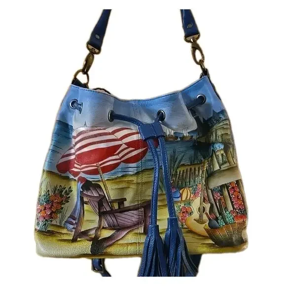 Anna by Anuschka Leather Beach 13x10.5 Crossbody Handbag Hand Painted - Picture 1 of 10